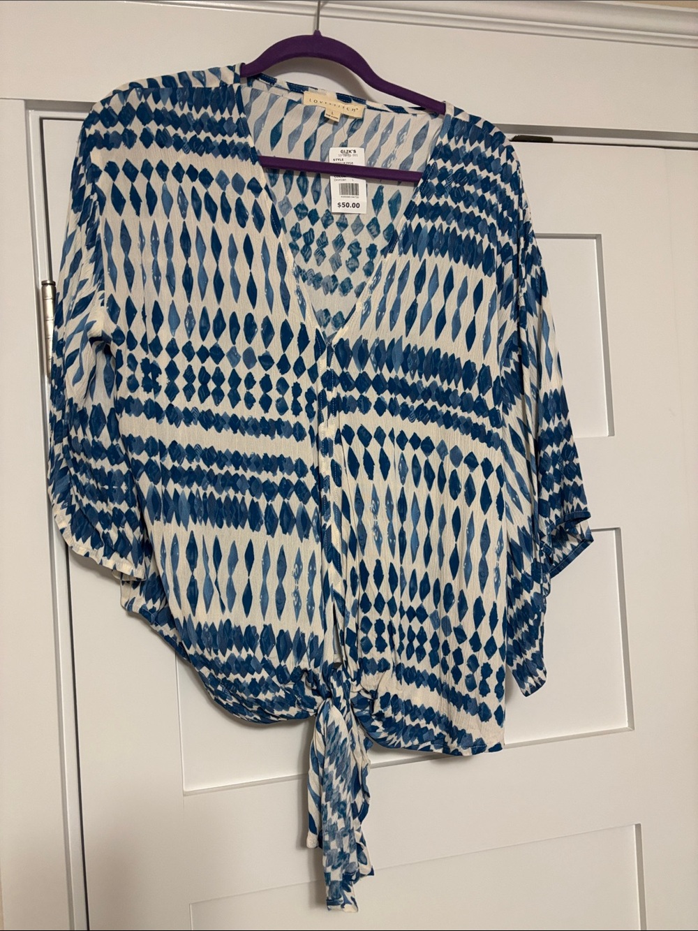lovestitch Blue and Cream Tie-Front Ikat Blouse